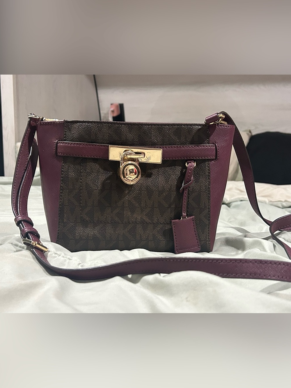 Michael Kors Brown Monogram & Plum Leather Crossbody
